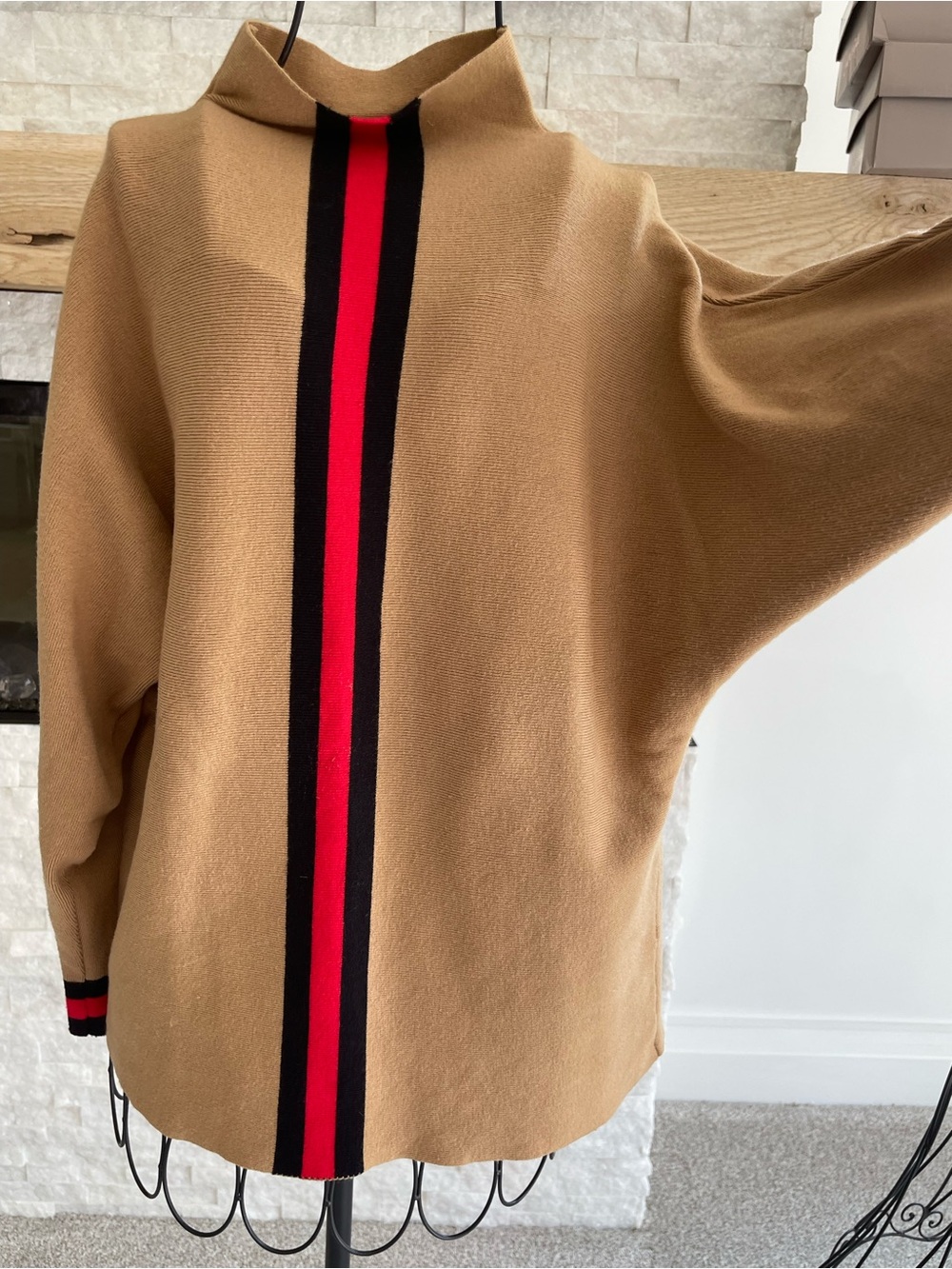 Northern Angel Camel Sweater with Black and Red Stripe